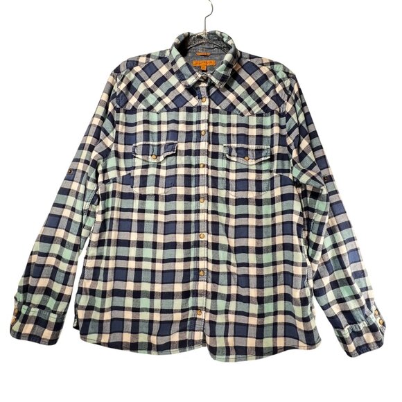 Bea Jachs Girlfriend Blue Gray Plaid Flannel Shirt Pearl Snap Buttons Western XL - Picture 1 of 13